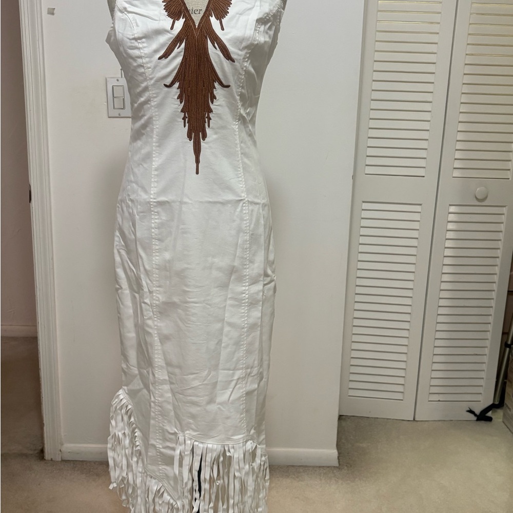 NWT White Fringe Midi Dress with Brown Embroidered Accent